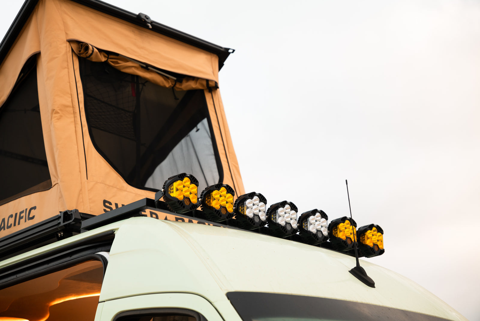 Flow's rooftop tent and row of roof-mounted auxiliary lights