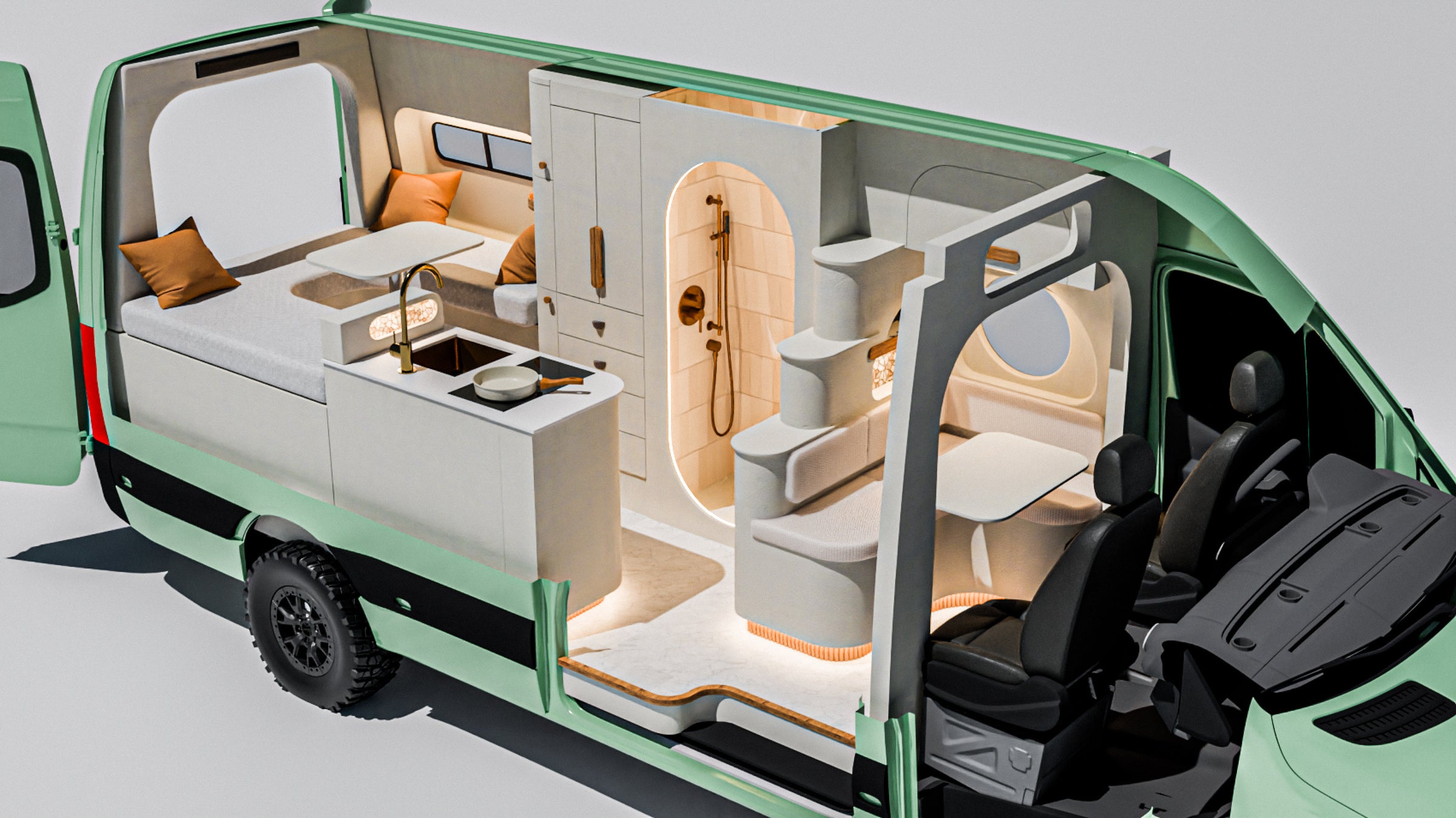 Flow rendering: sage green Sprinter with the interior cut away at the wet bath and cab