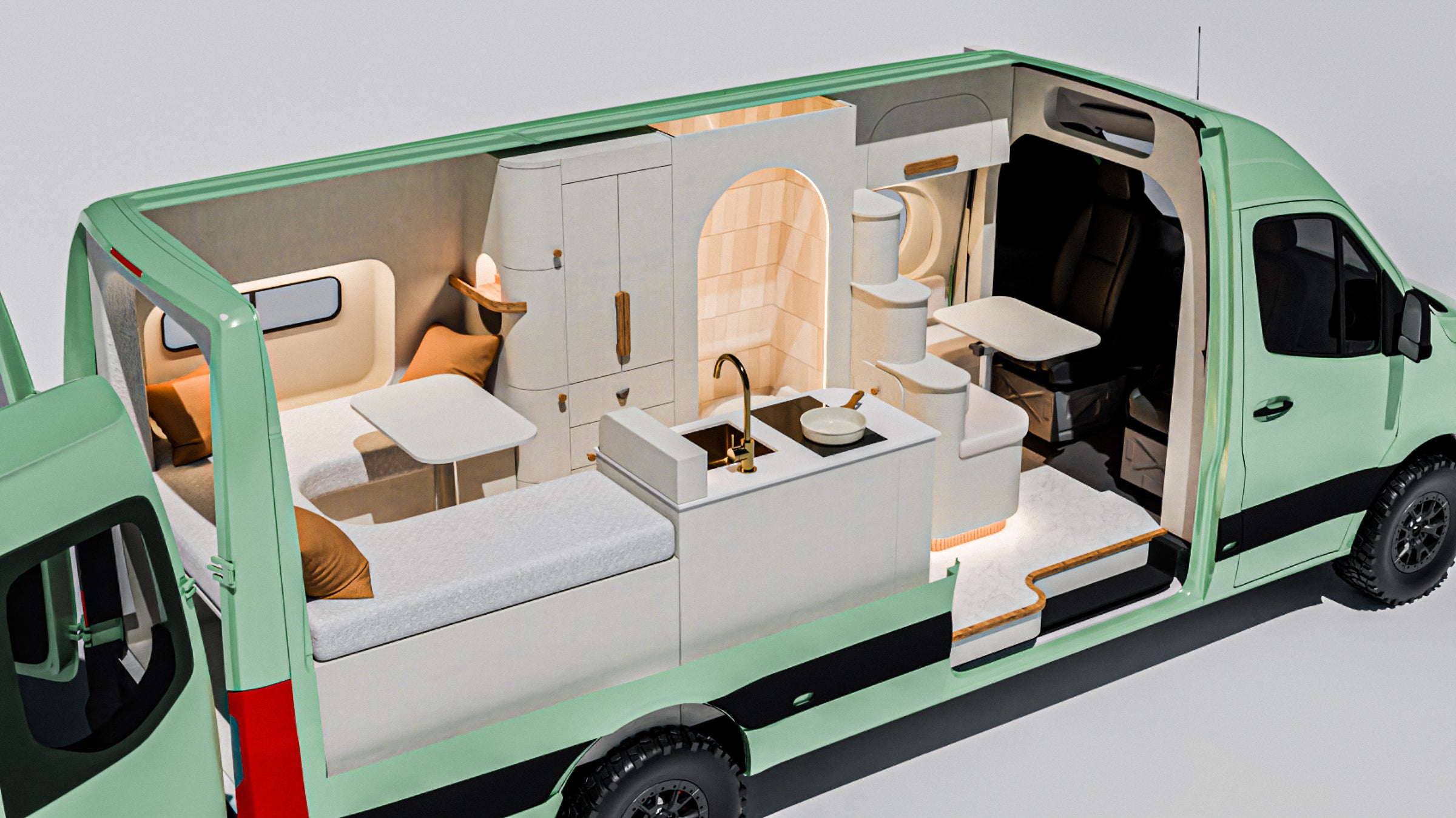 Flow rendering: the full sage green Sprinter with its side cut away to show the layout