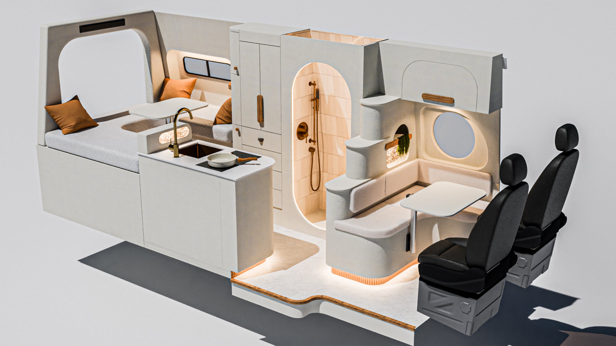Flow interior rendering: the layout seen from the front of the van