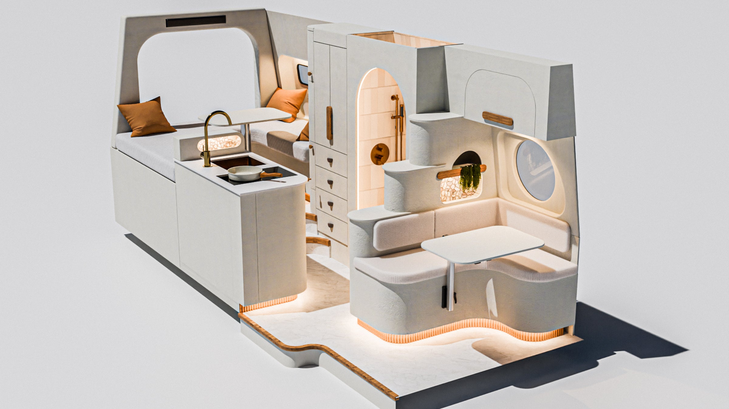 Flow interior rendering: galley island, arched wet bath, and dinette with porthole window