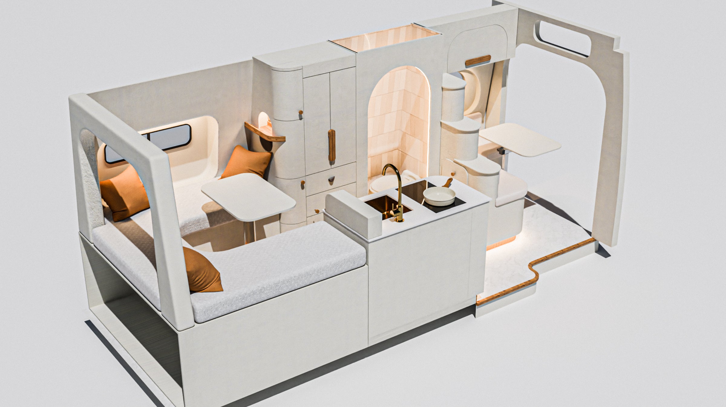 Flow interior rendering: overhead view of the bed, galley, wet bath, and dinette