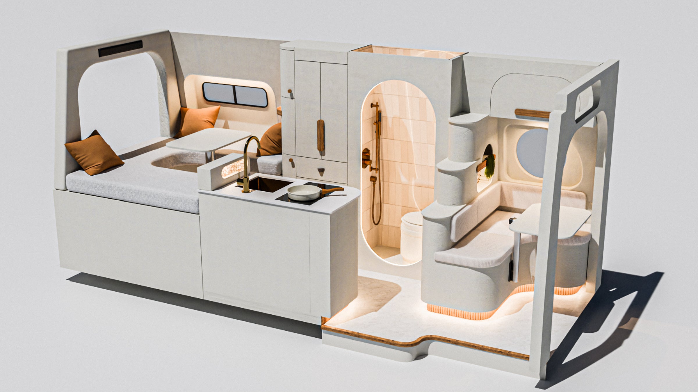 Flow interior rendering: bed, galley, wet bath, and dinette seen from the rear