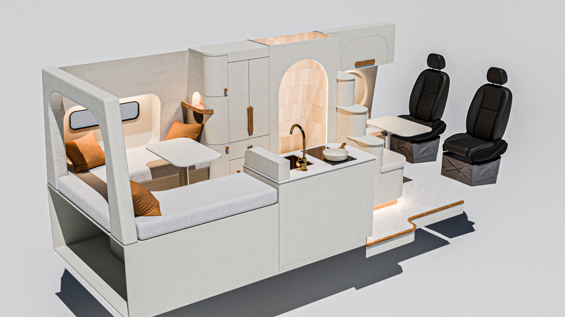 Flow interior rendering: the layout seen from the side of the van