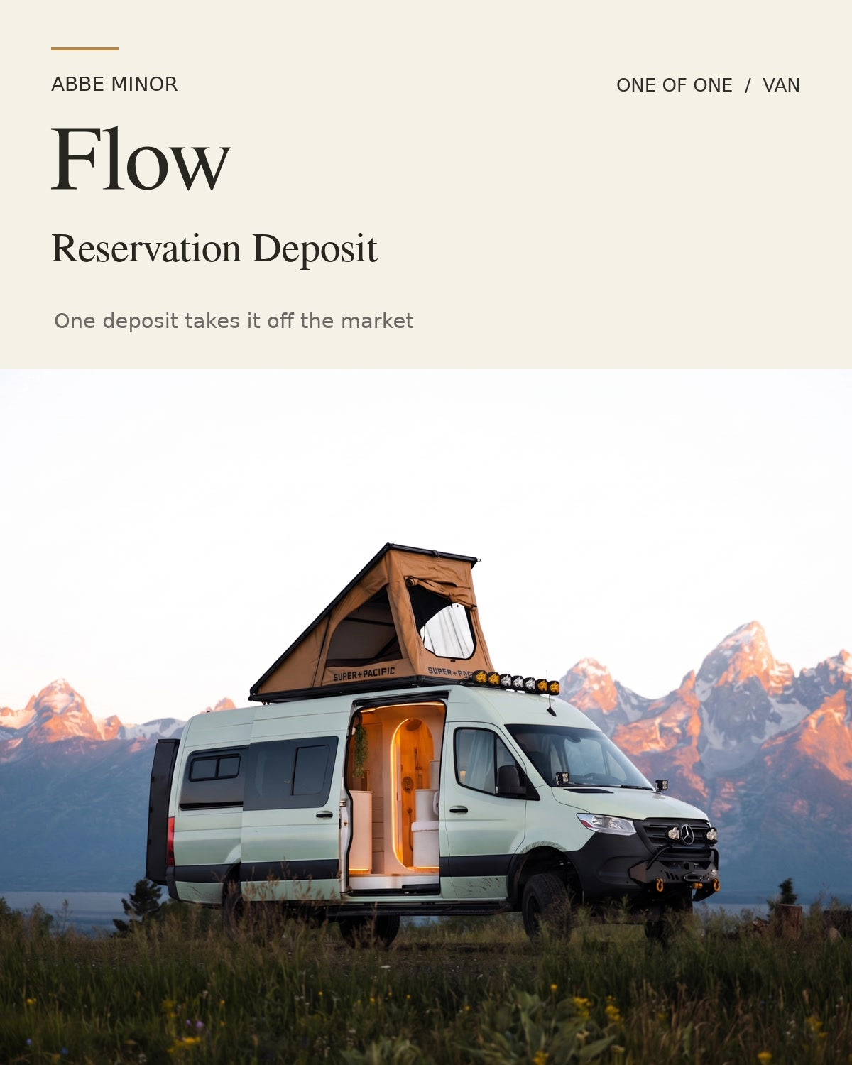 Flow Reservation Deposit — one-of-one camper van in front of the Tetons